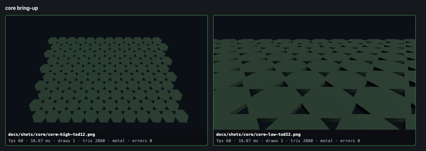 Two side-by-side flat renders of a green hex grid on black.