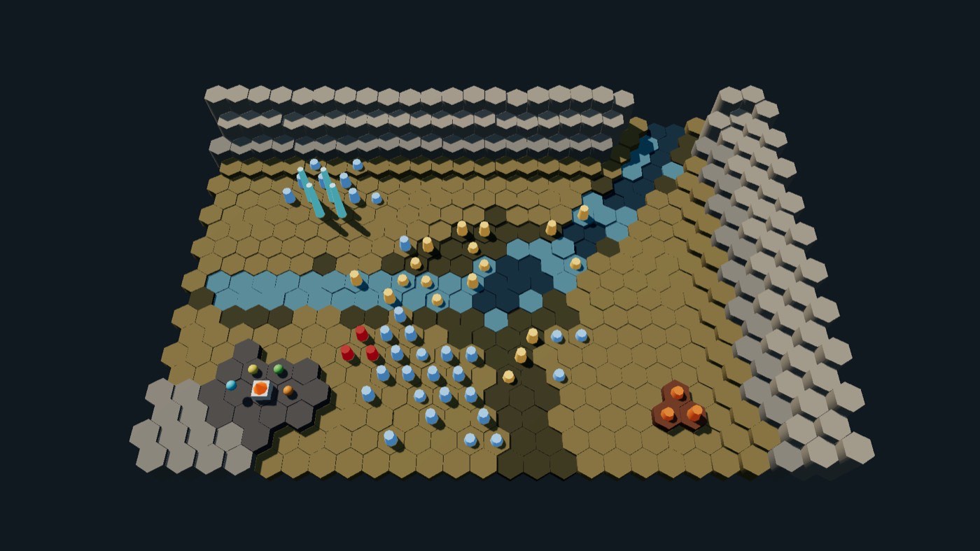 Hex board with a blue river snaking through tan and grey tiles, red and orange markers scattered.