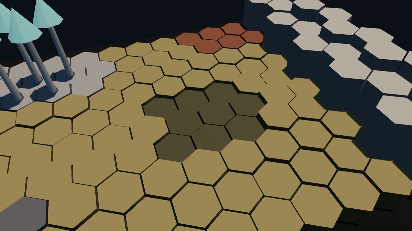 Low-angle view over large flat yellow hexagons, a few teal mushroom shapes at the horizon.