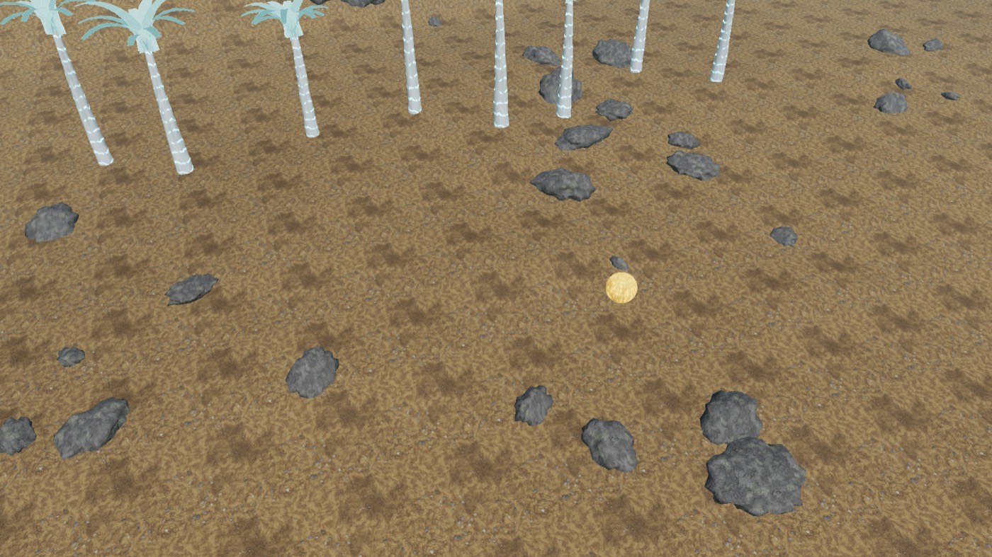 Flat sand plane with scattered rocks and thin white pole-like trees under a black sky.