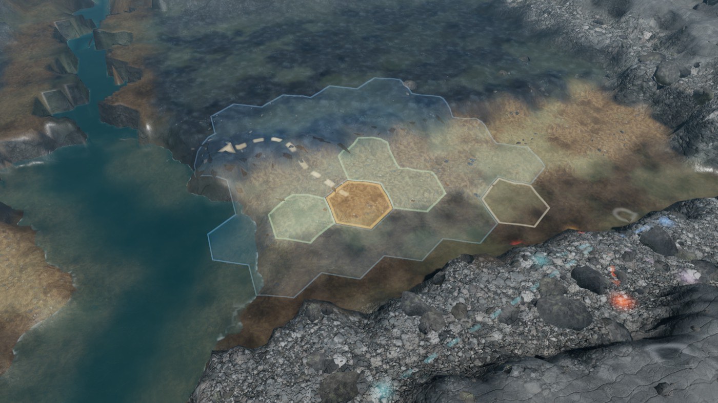 Terrain with a river, overlaid with translucent amber hexagon highlights and a dotted path.