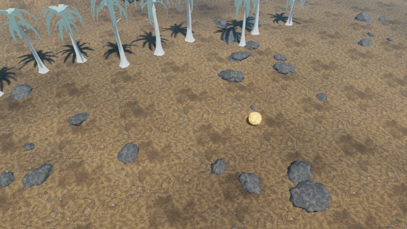Sunlit sand plain scattered with dark rocks and pale bare trunks, blue mountains on the horizon.