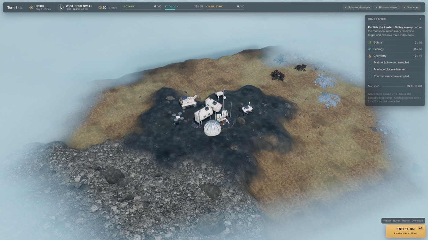 The whole hex island seen from above in daylight, camp buildings clustered at centre, HUD panels at the edges.