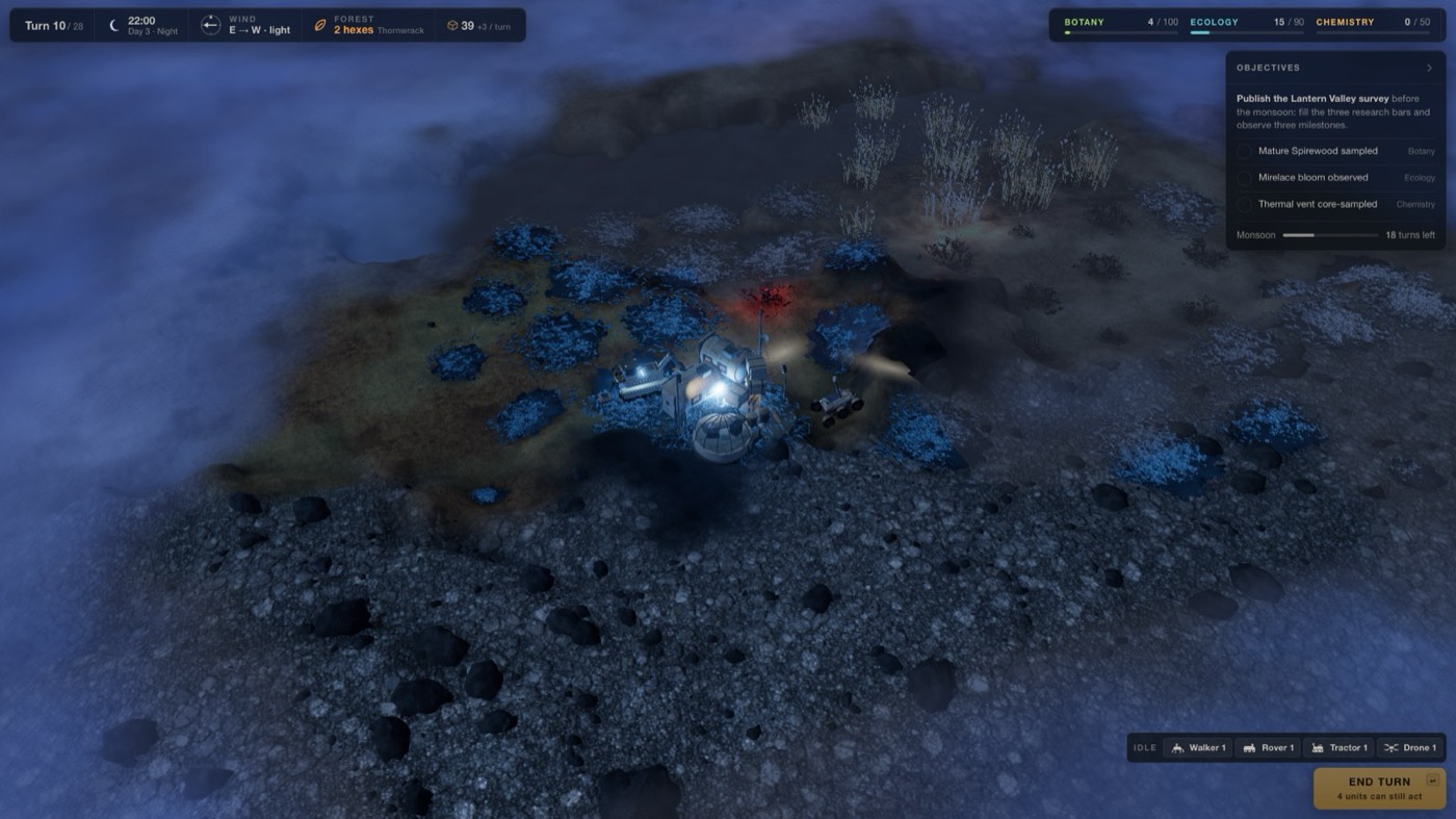 The finished game at night: a hex island, a lit base camp, glowing blue flora and a research HUD.
